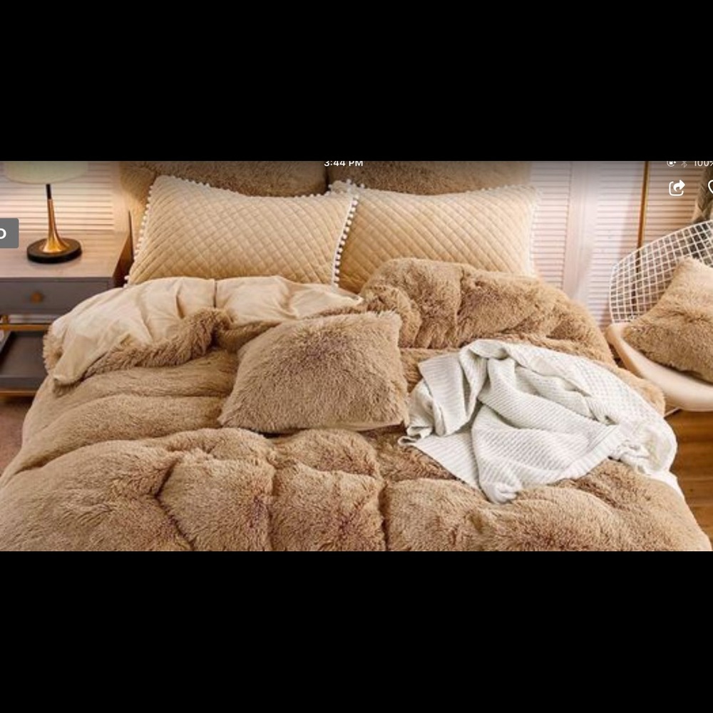 Fur shaggy duvet king set camel with pompon shams